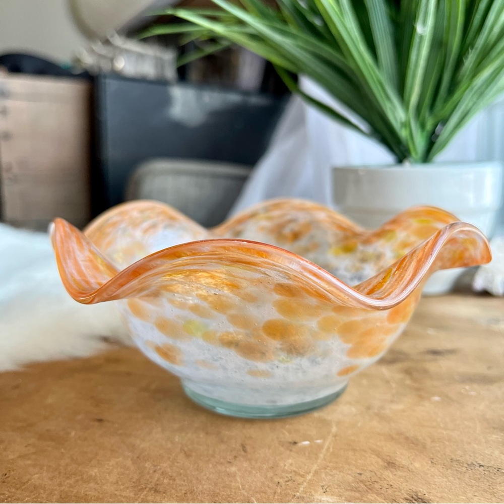 Vasart Signed Orange and White Mottled Frilled Edge Vintage Bowl
